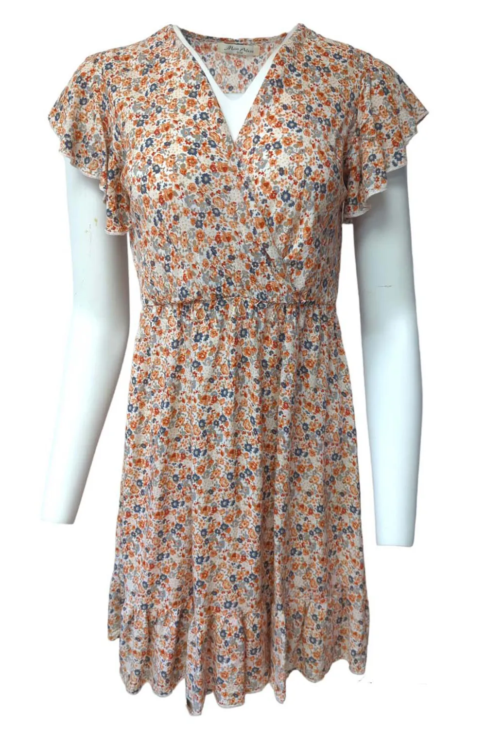 Summer Day Dress Wrap Around Knee Lenght Flutter Sleeve Size S/M - Pepper Tree London