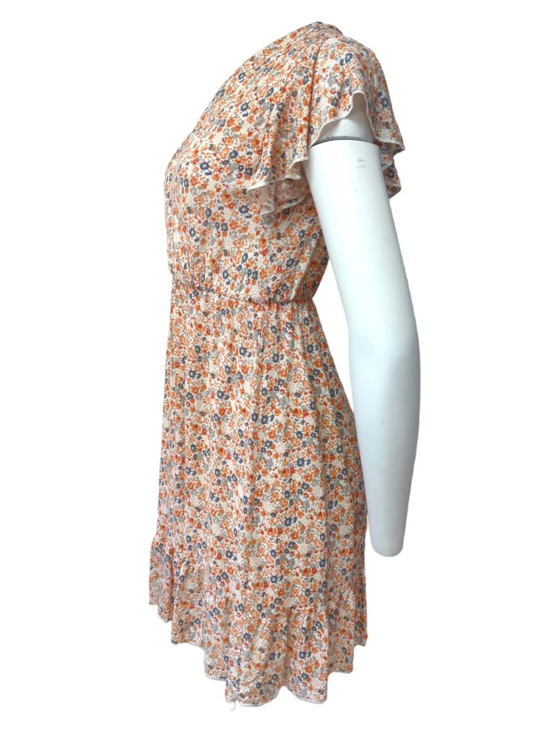 Summer Day Dress Wrap Around Knee Lenght Flutter Sleeve Size S/M - Pepper Tree London