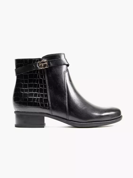 Tamaris  Tamaris Black Leather Croc Texture Panelled Ankle Boot