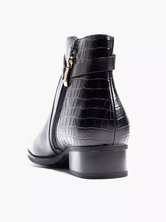 Tamaris  Tamaris Black Leather Croc Texture Panelled Ankle Boot