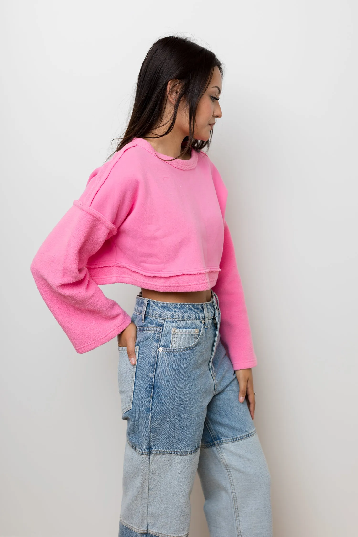 The Hey Barbie Bright Pink French Terry Cropped Pullover