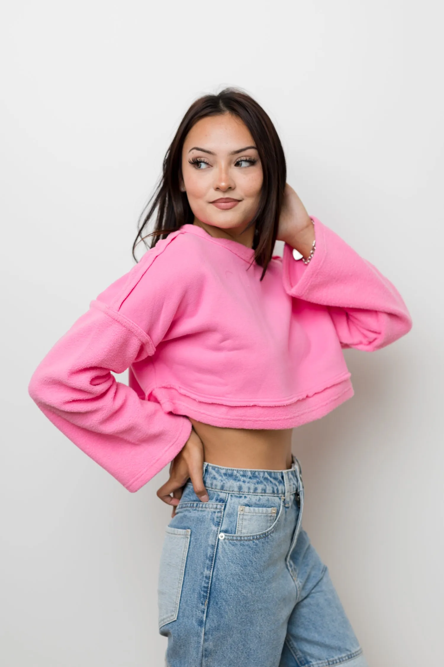 The Hey Barbie Bright Pink French Terry Cropped Pullover