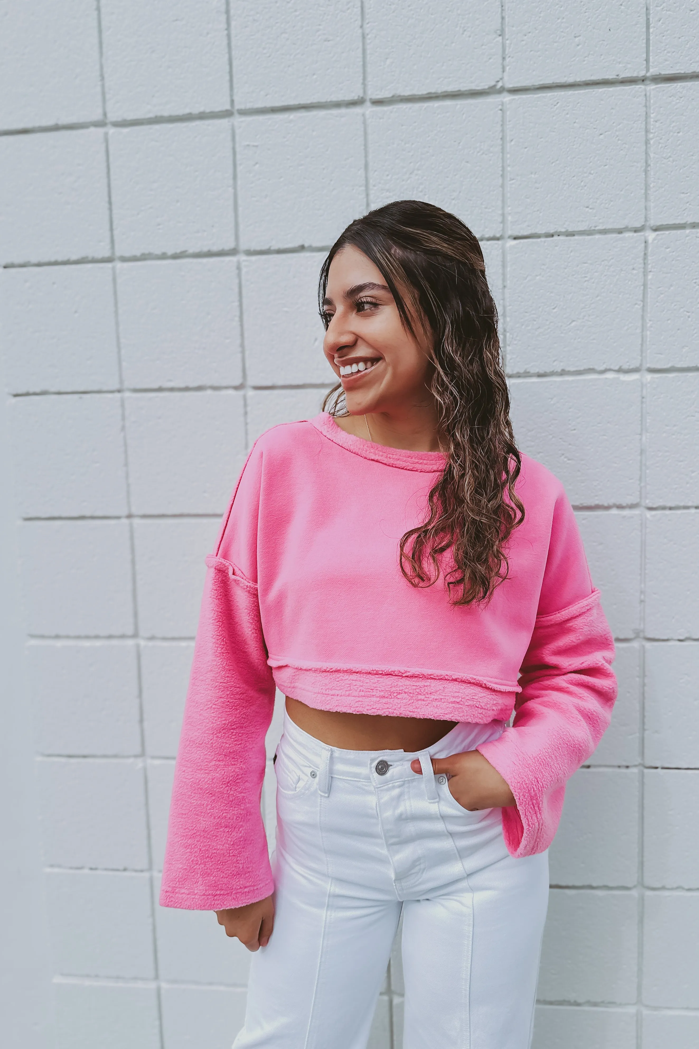 The Hey Barbie Bright Pink French Terry Cropped Pullover