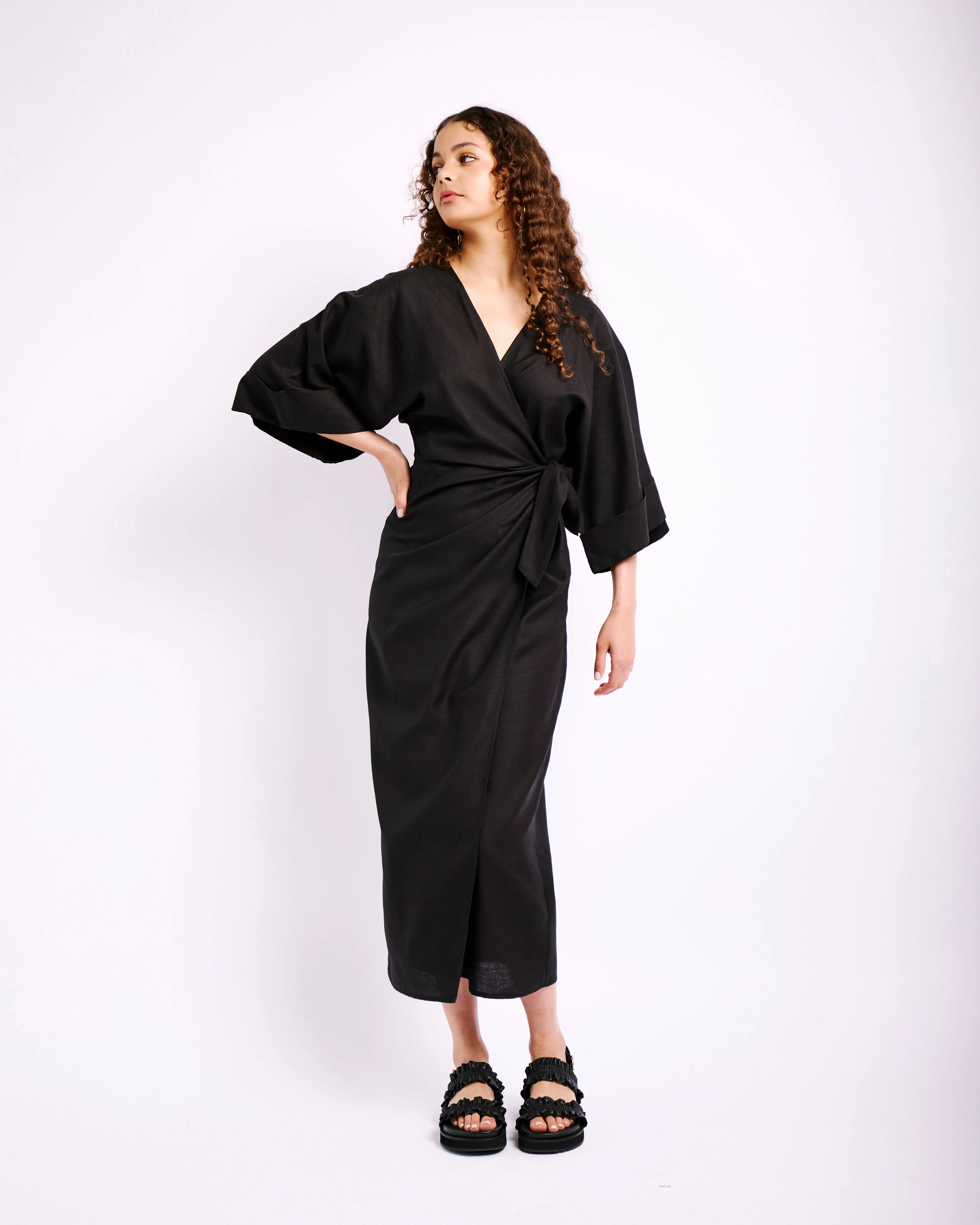 The Wrap Dress with Kimono Sleeves in Black