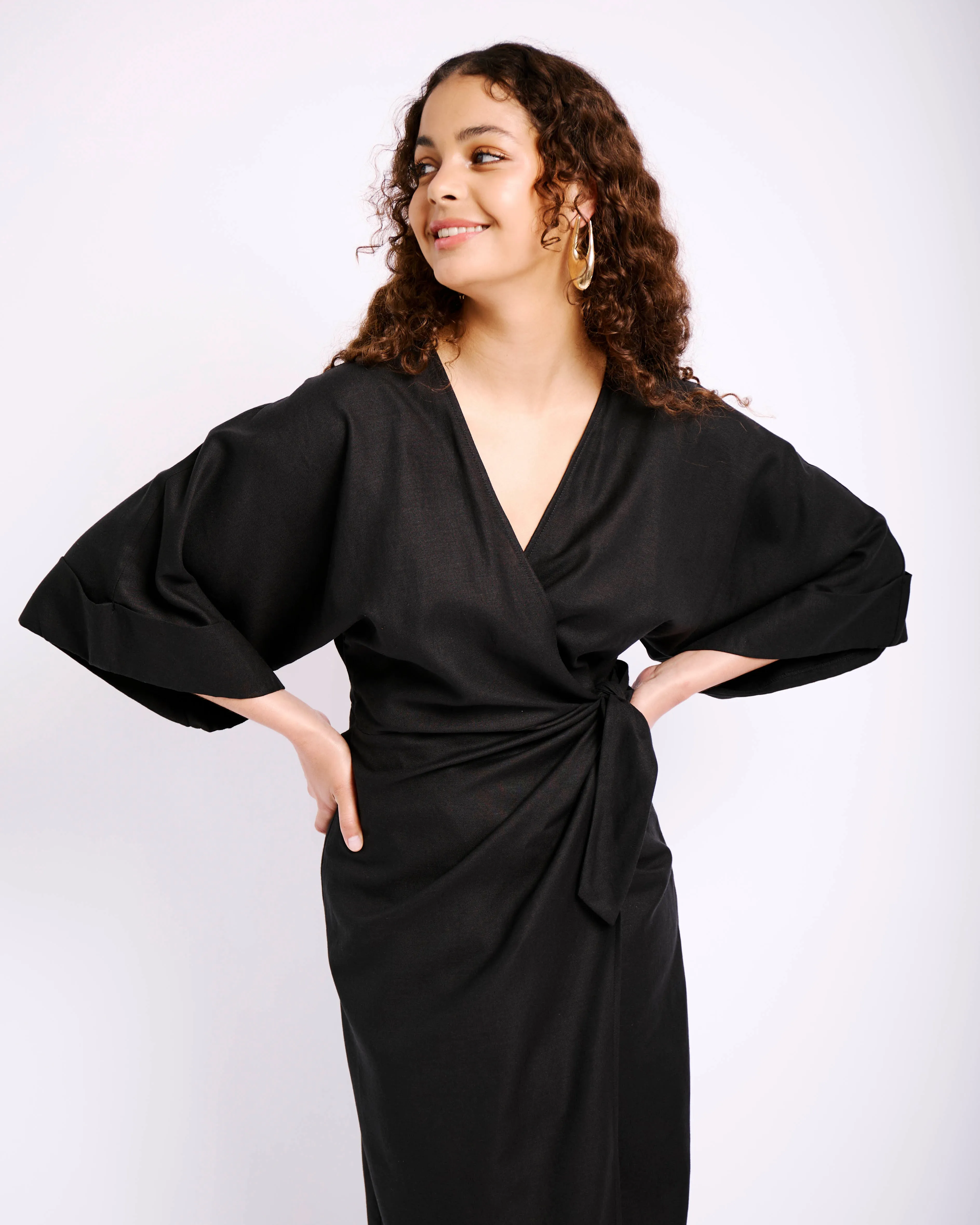 The Wrap Dress with Kimono Sleeves in Black