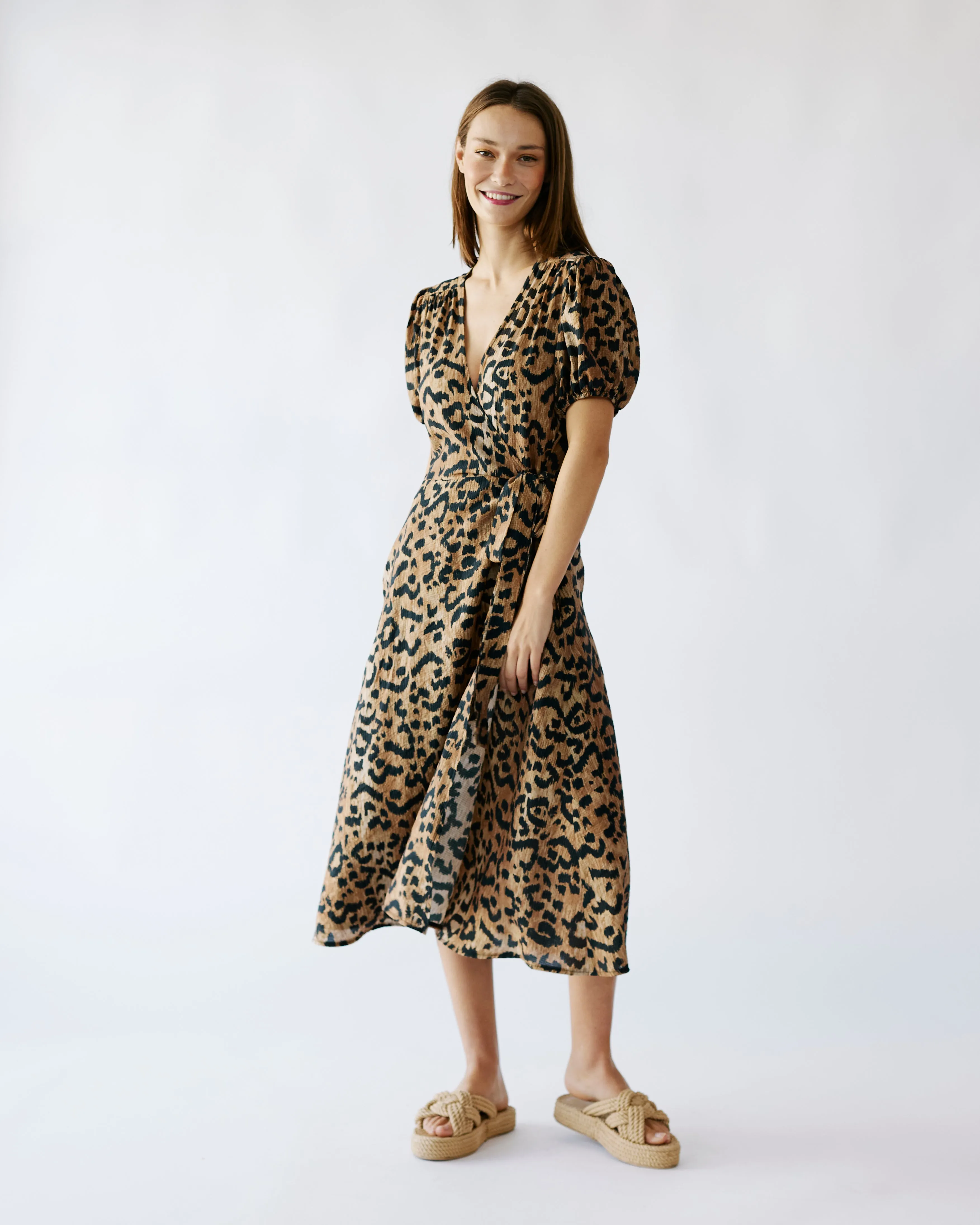 The Wrap Dress with Shirred Sleeve in Animal