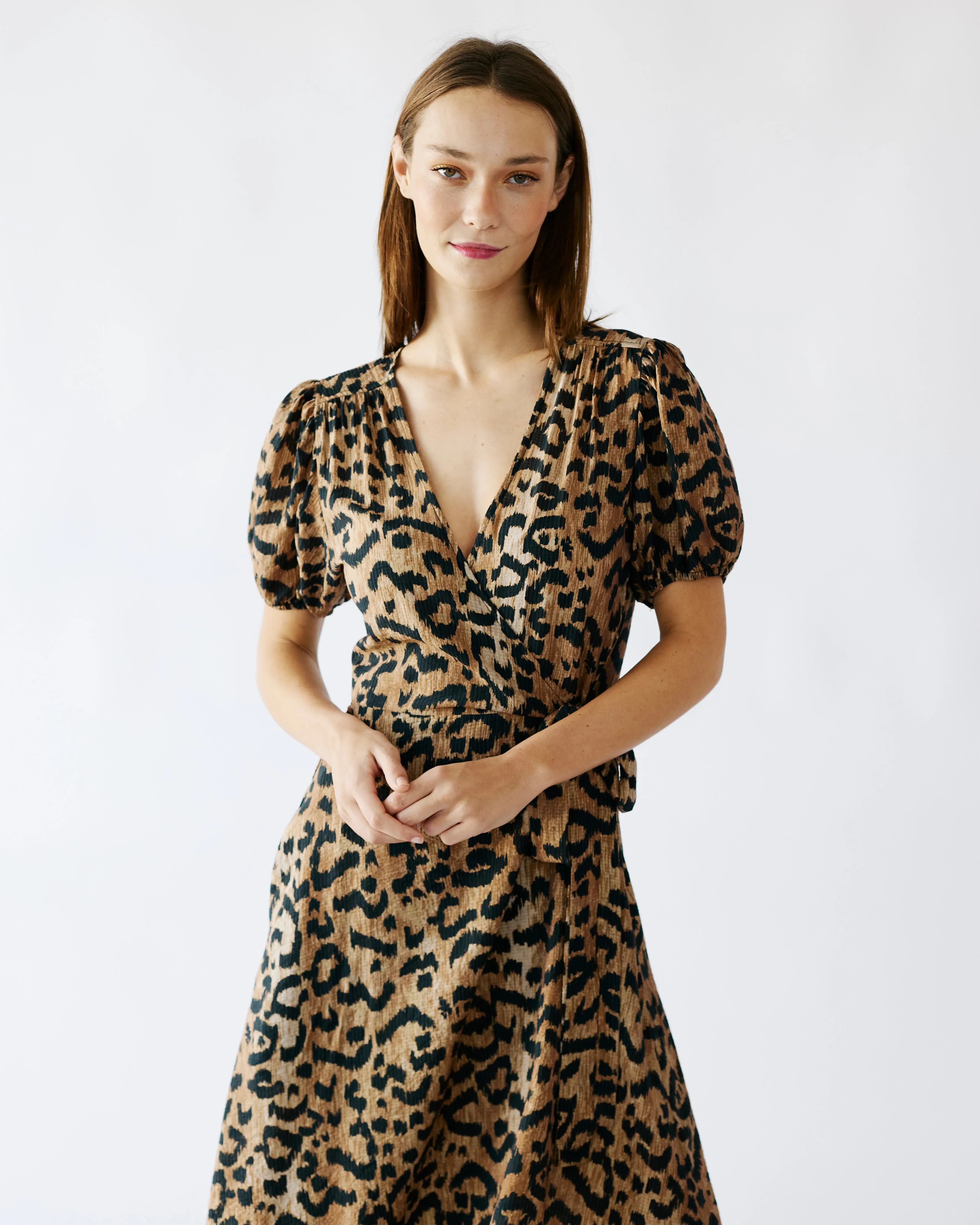 The Wrap Dress with Shirred Sleeve in Animal