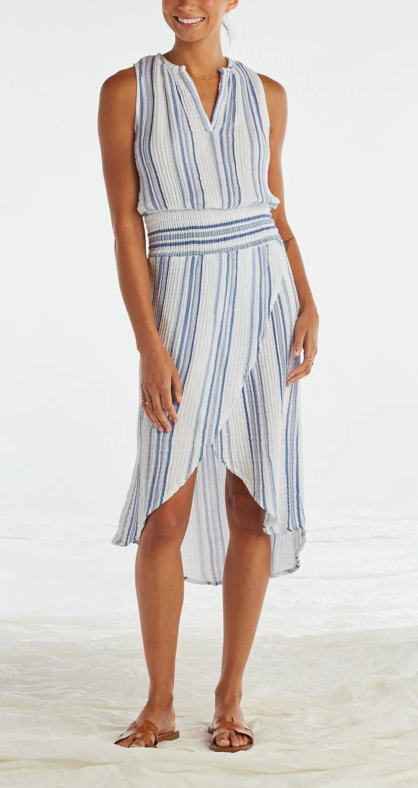 The Wrap Front Dress in Blue Stripe