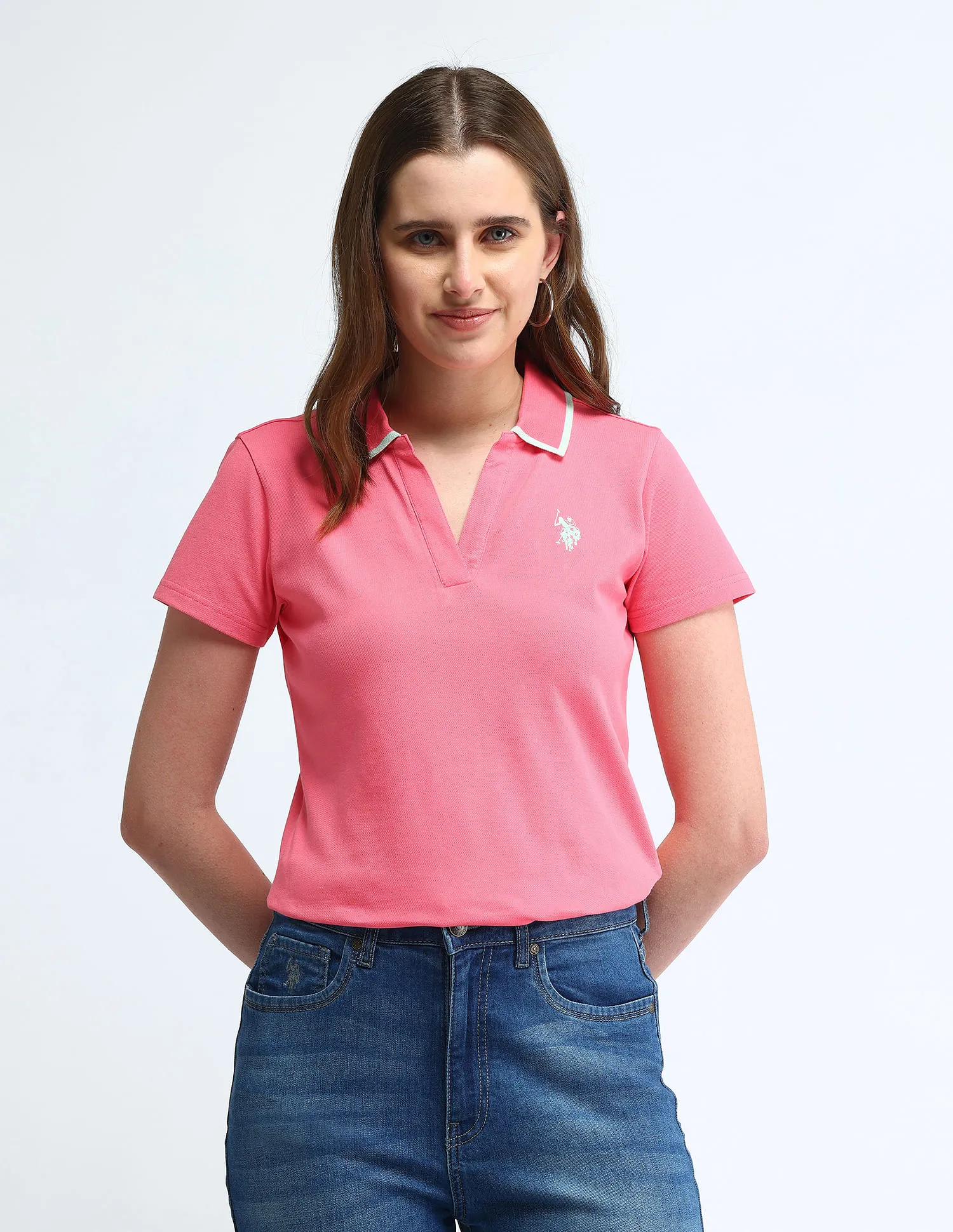 U.S. Polo Assn. Women Tipped Collar Solid Polo Shirt