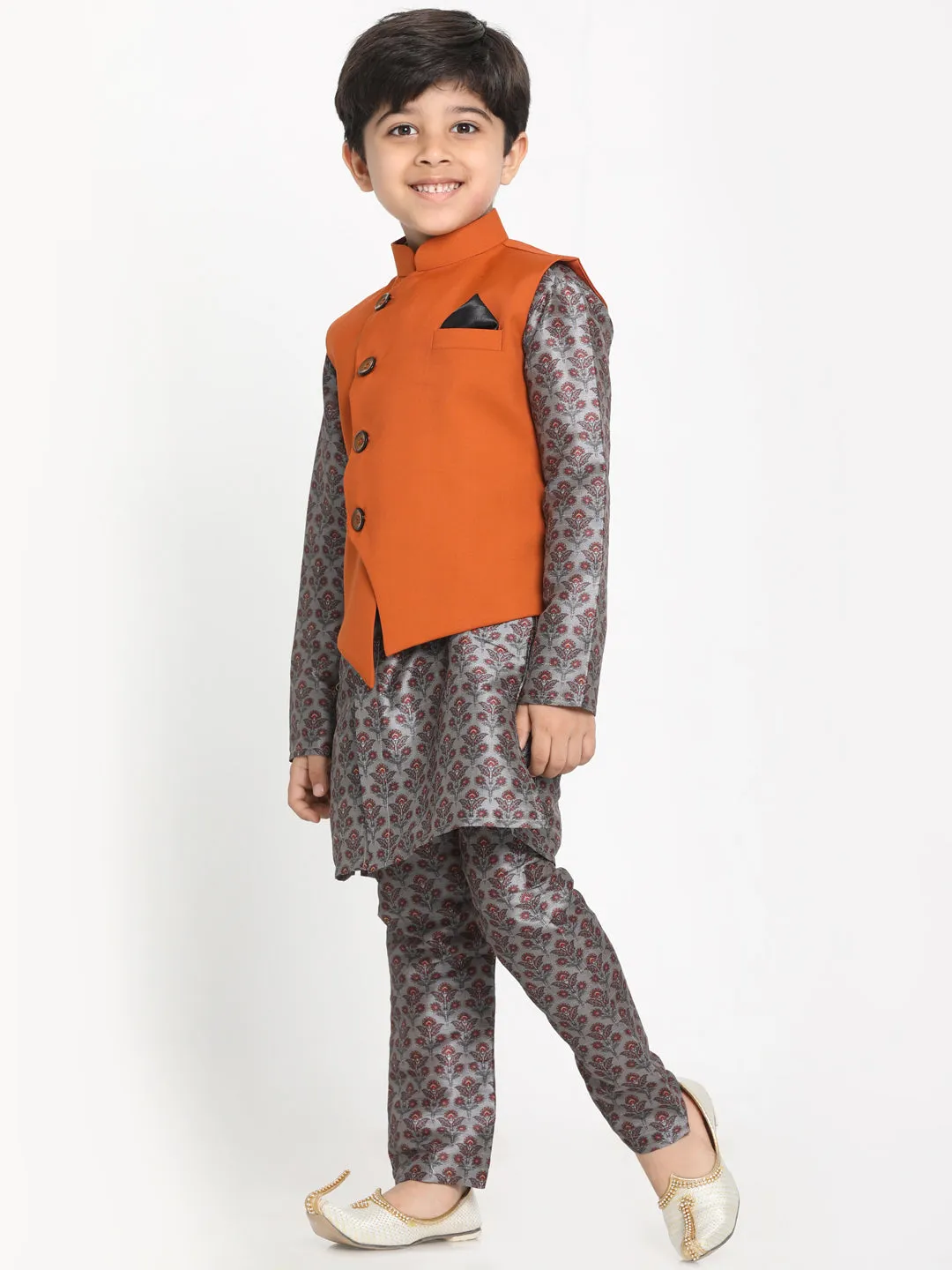 Vastramay Boy's Orange Twill Jacket, Printed Kurta and Pyjama Set