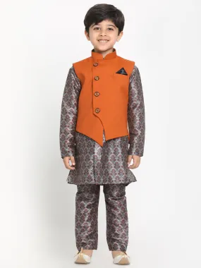 Vastramay Boy's Orange Twill Jacket, Printed Kurta and Pyjama Set