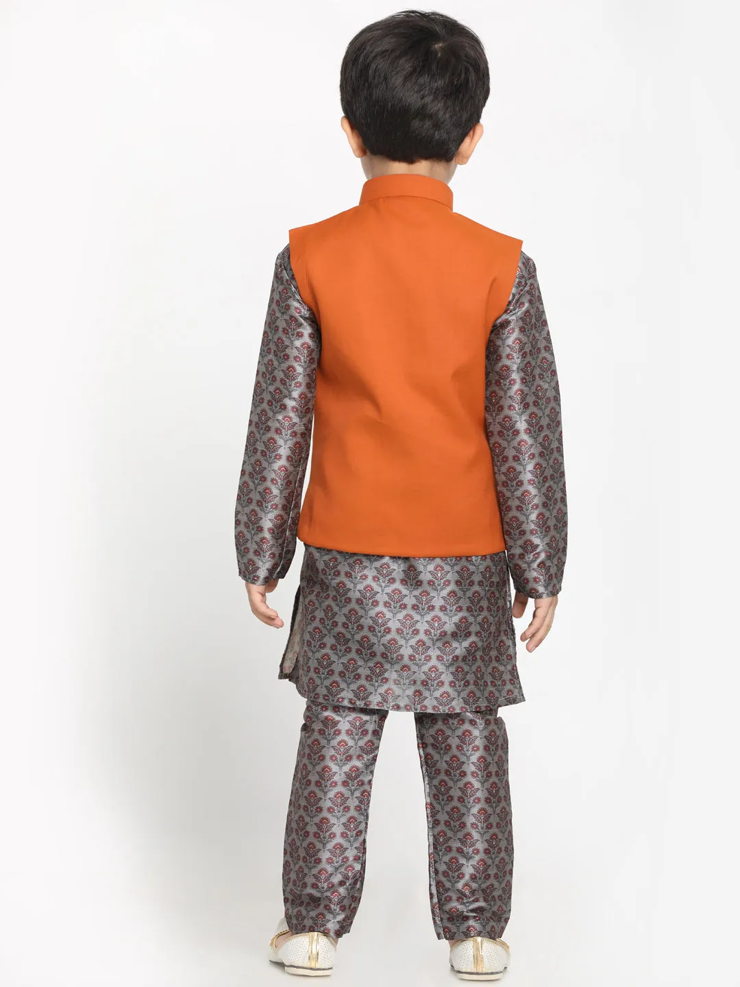 Vastramay Boy's Orange Twill Jacket, Printed Kurta and Pyjama Set