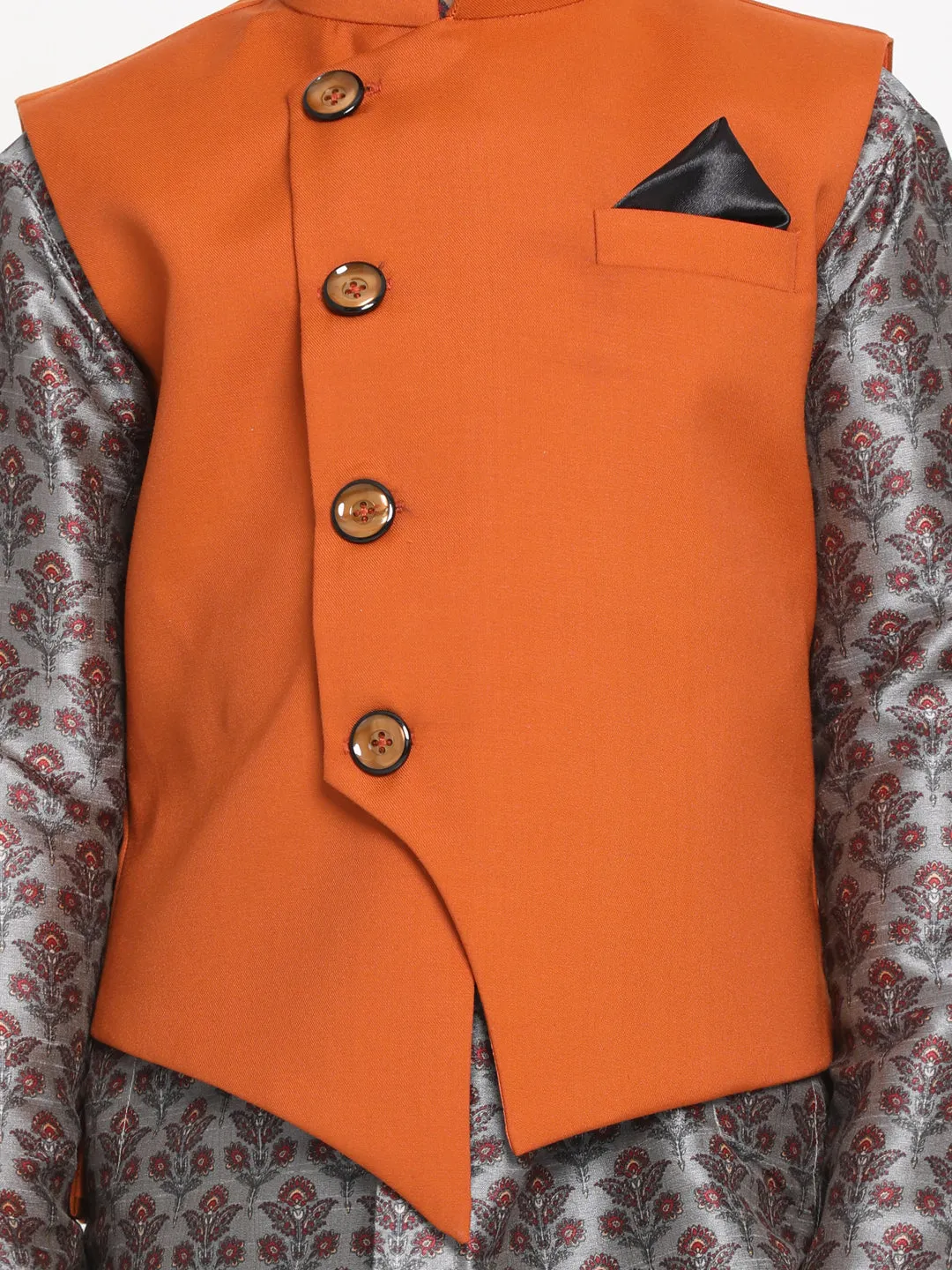 Vastramay Boy's Orange Twill Jacket, Printed Kurta and Pyjama Set