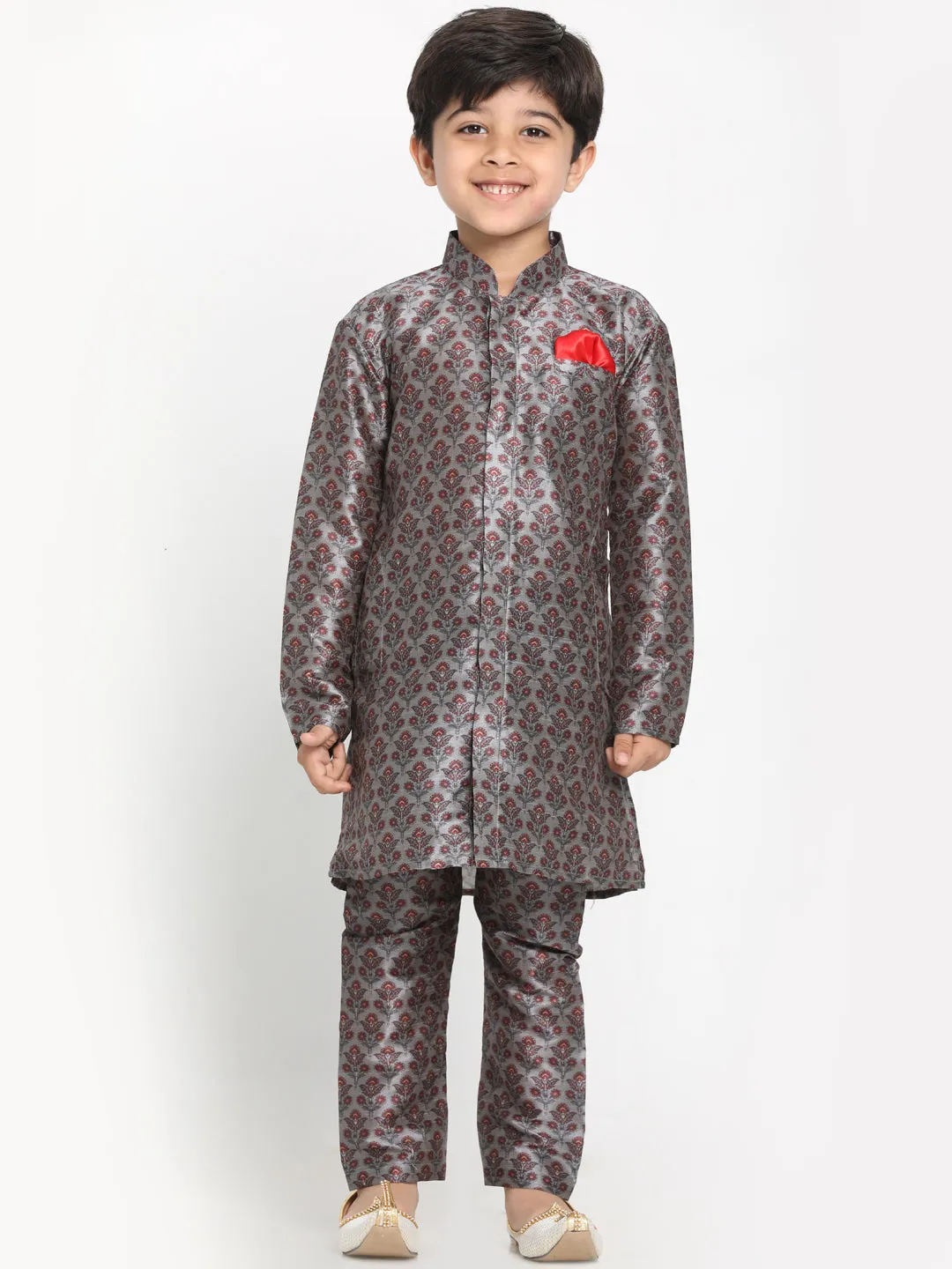 Vastramay Boy's Orange Twill Jacket, Printed Kurta and Pyjama Set