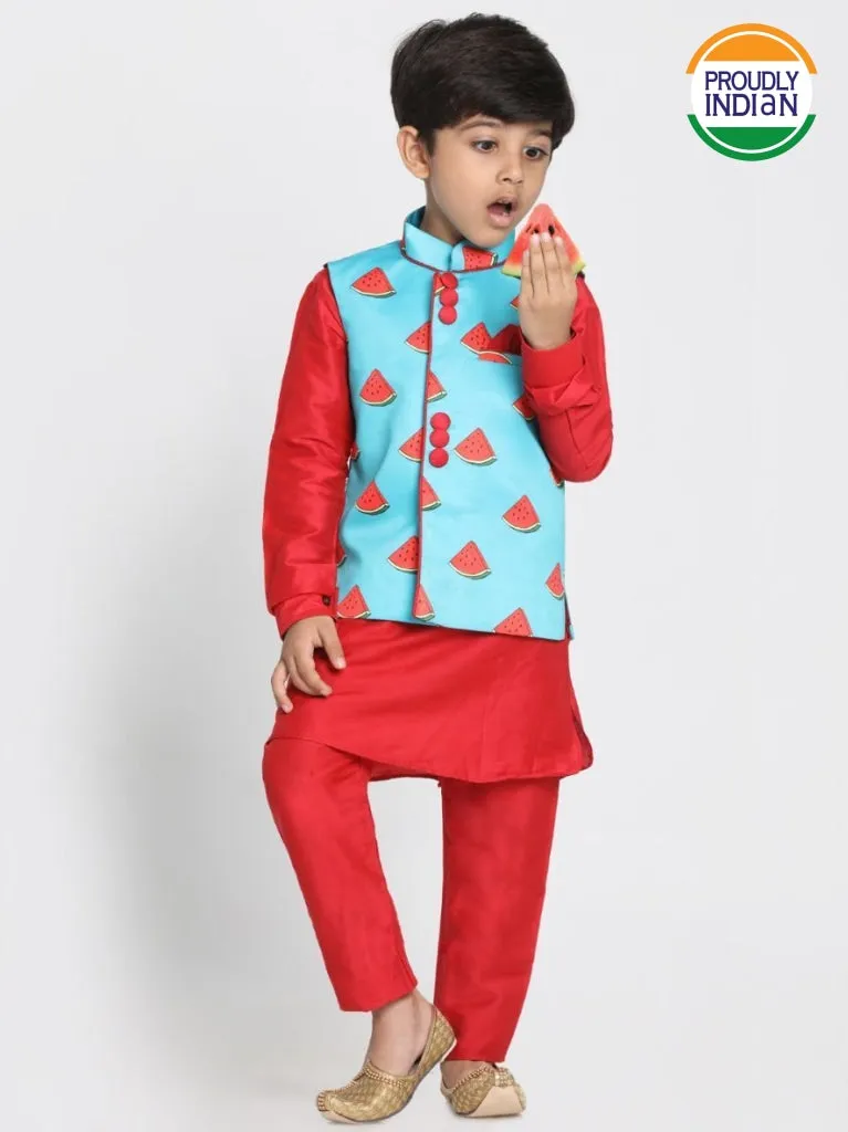 Vastramay Boys' Quirky Print Nehru Jacket, Red Kurta And Pyjama Set