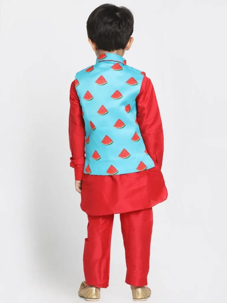 Vastramay Boys' Quirky Print Nehru Jacket, Red Kurta And Pyjama Set