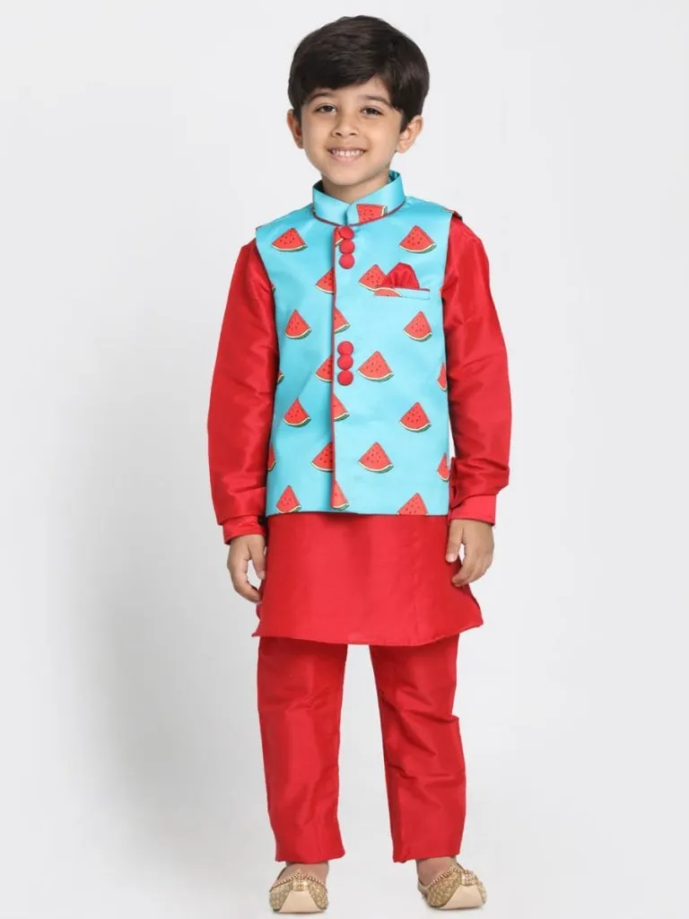 Vastramay Boys' Quirky Print Nehru Jacket, Red Kurta And Pyjama Set