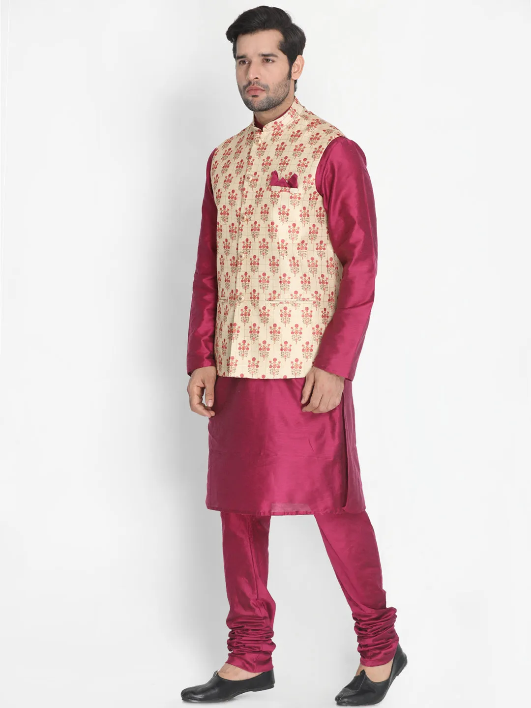 VASTRAMAY Men's Purple Cotton Blend Kurta, Ethnic Jacket and Pyjama Set