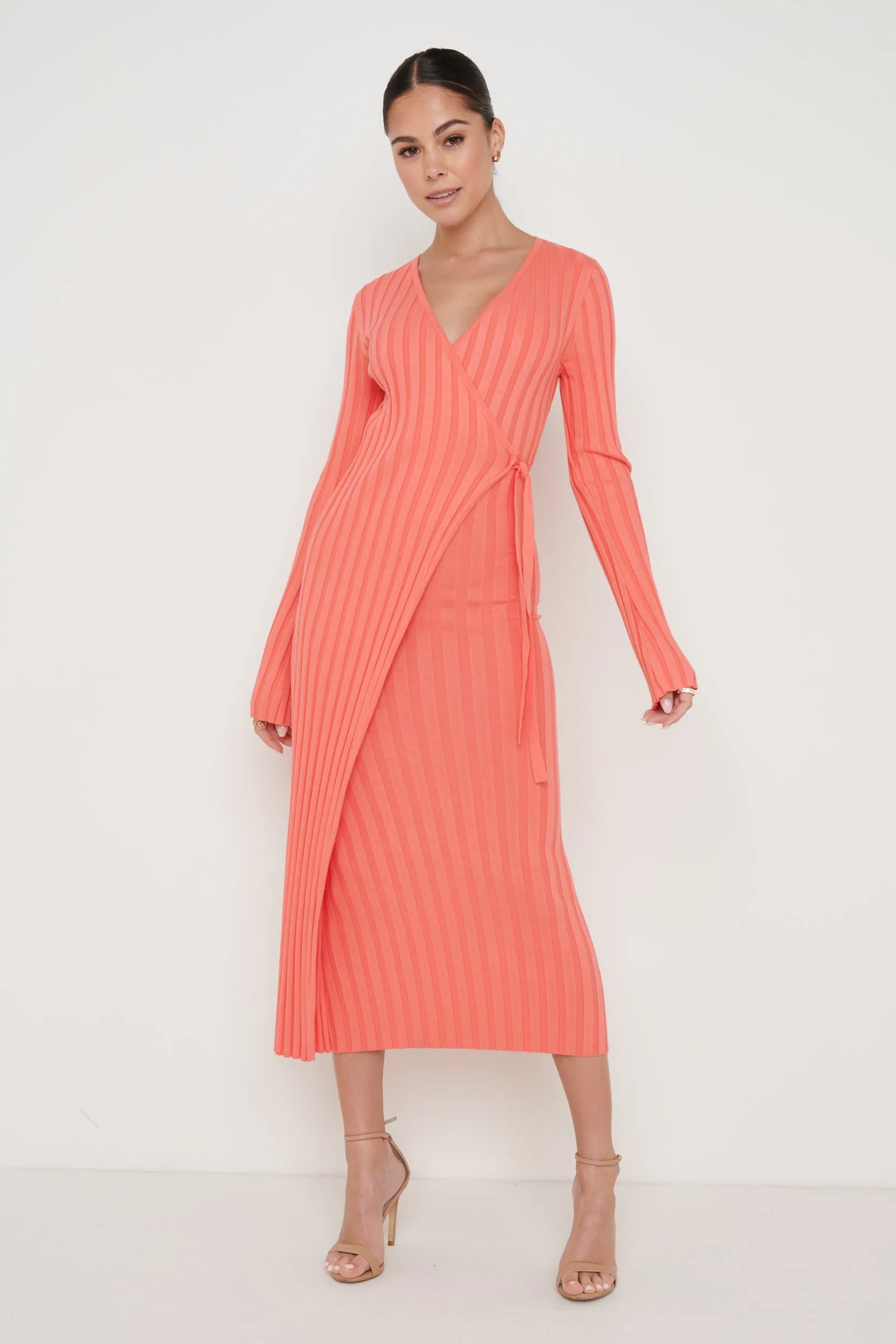 Vinnie Wrap Tie Midaxi Dress - Coral