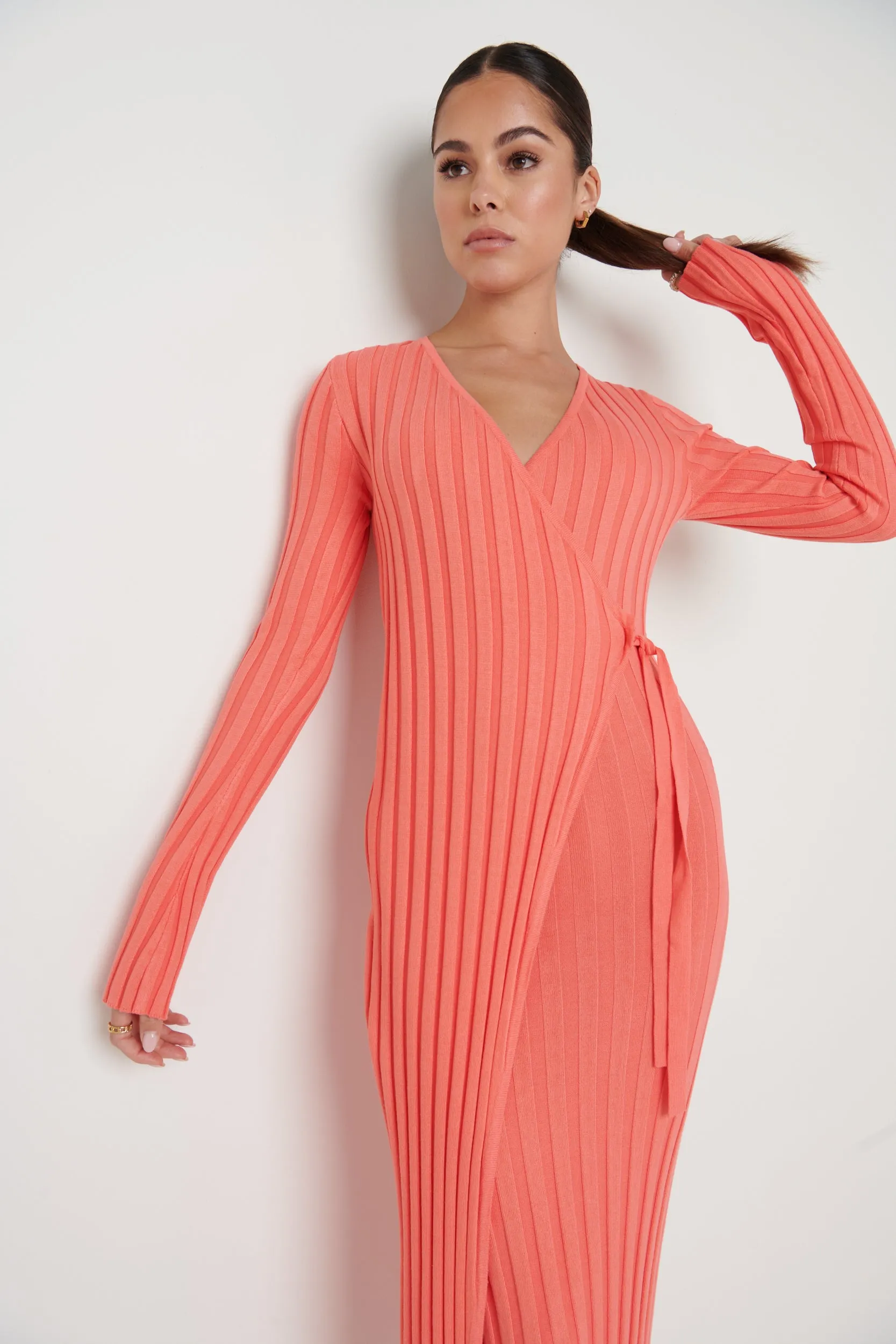 Vinnie Wrap Tie Midaxi Dress - Coral