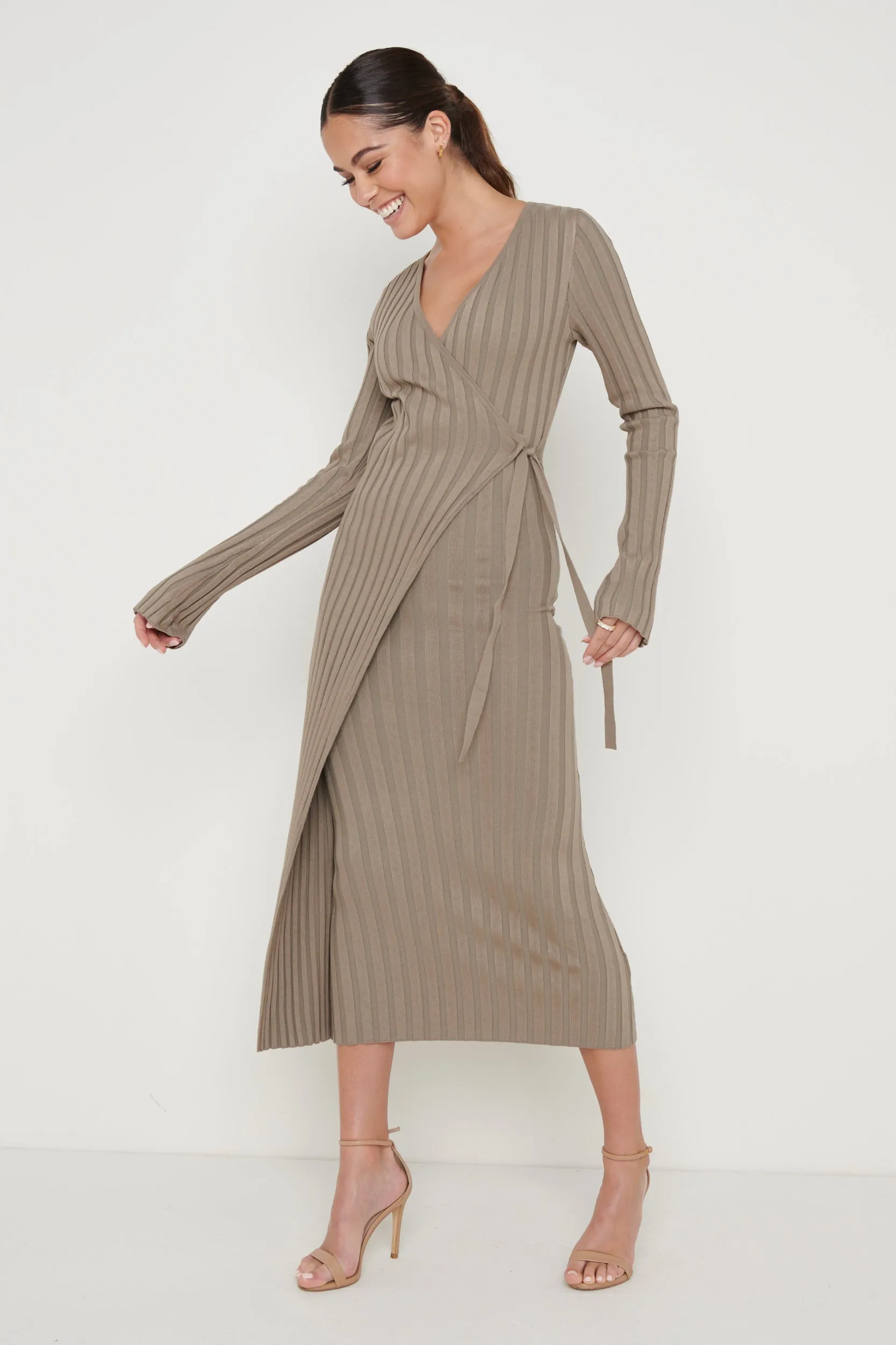 Vinnie Wrap Tie Midaxi Dress - Taupe