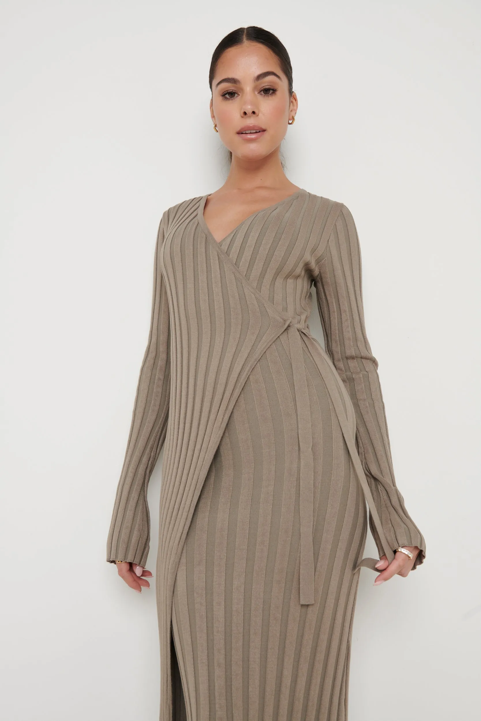 Vinnie Wrap Tie Midaxi Dress - Taupe