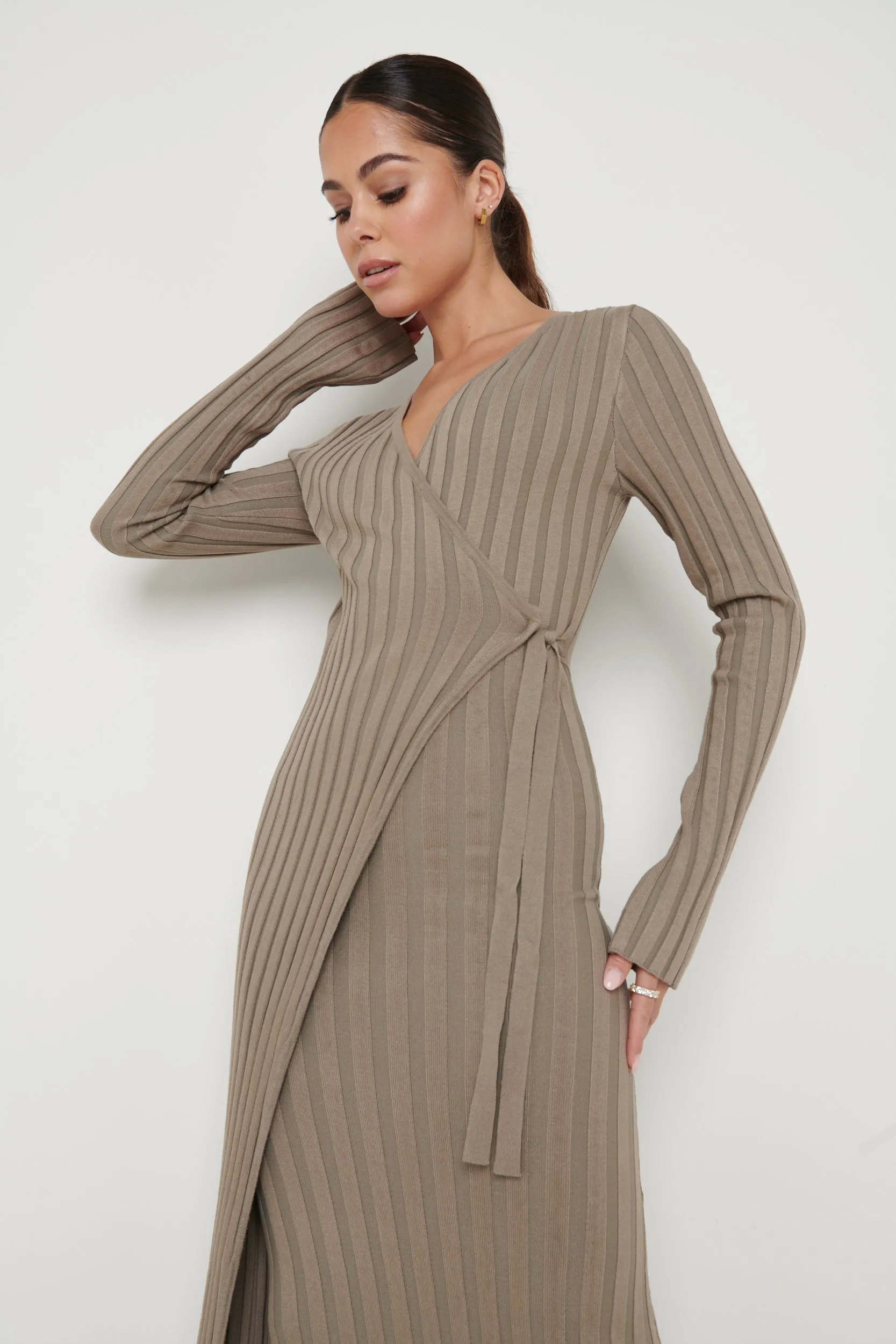 Vinnie Wrap Tie Midaxi Dress - Taupe