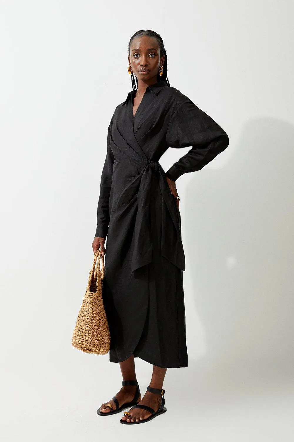 Viscose Linen Woven Tie Wrap Midi Shirt Dress | Karen Millen