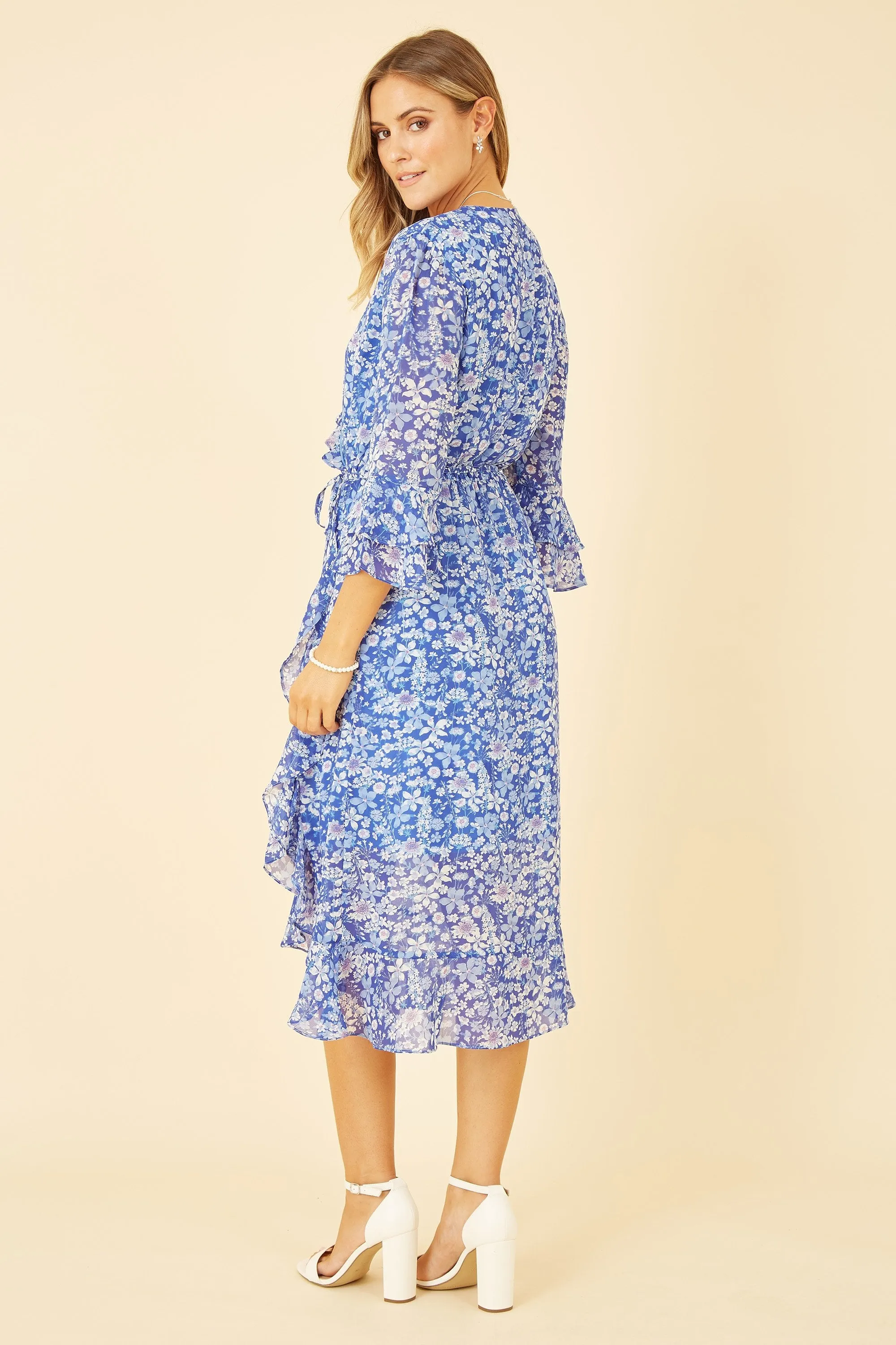 Yumi Recycled Blue Floral 3/4 Sleeve Frill Wrap Dress