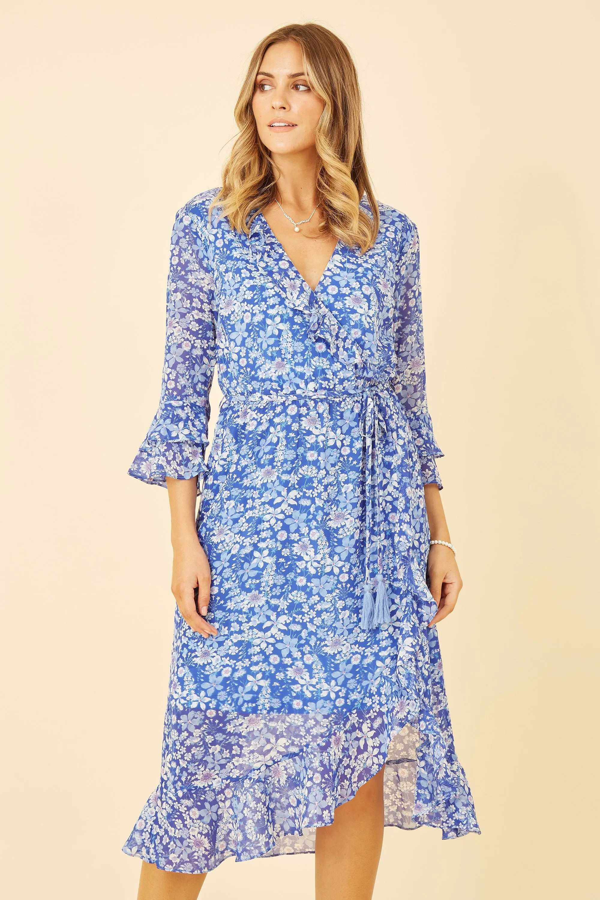 Yumi Recycled Blue Floral 3/4 Sleeve Frill Wrap Dress