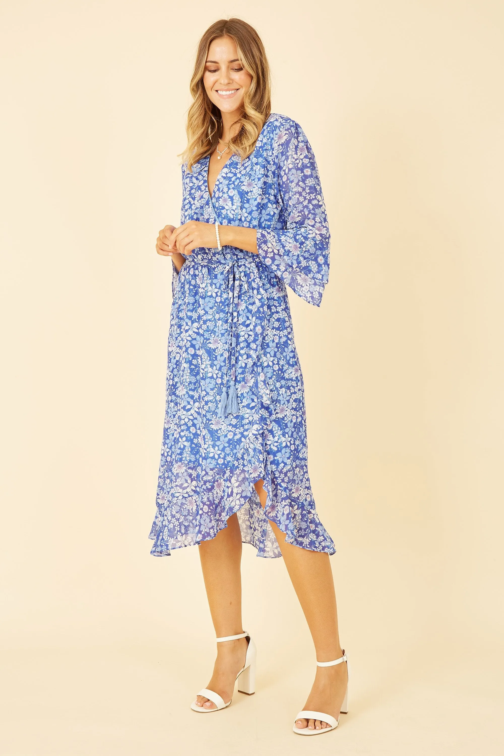 Yumi Recycled Blue Floral 3/4 Sleeve Frill Wrap Dress